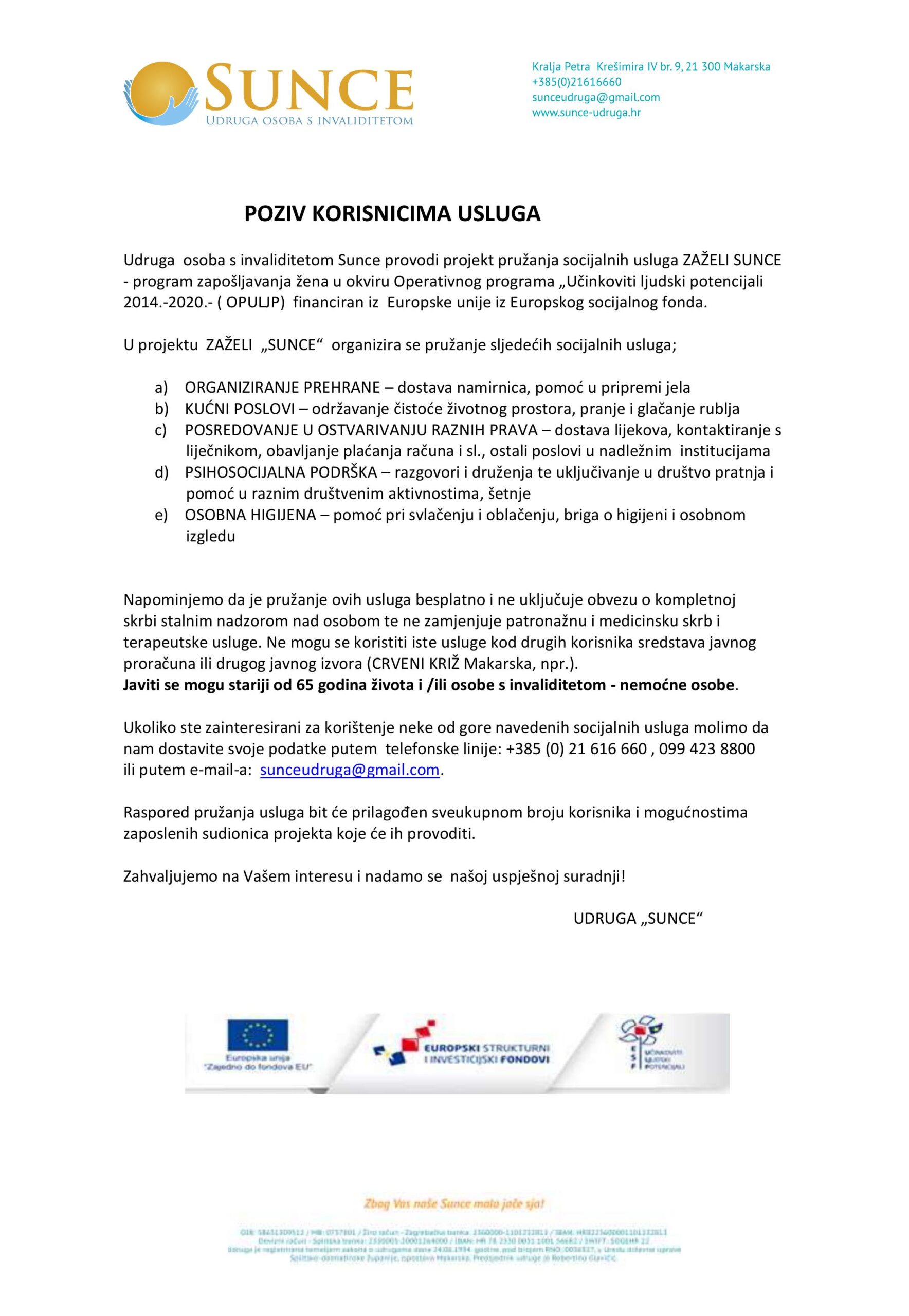 Zaželi Sunce_POZIV KORISNICIMA